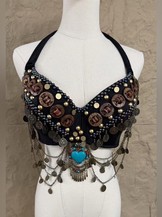 Other - Coachella Beaded Tribal Belly Dance Bra with Turquoise Heart Accent - Black